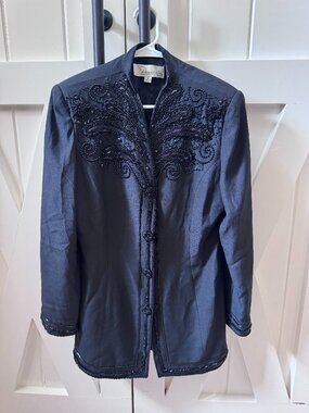 Vintage Demetrios Black Beaded Evening Jacket Blazer Small dress NYE
